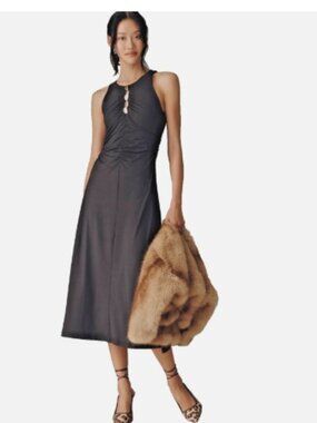 NWT ANTHROPOLOGIE Black Sleeveess Hardware Ruched Midi Dress XL Retails $158.